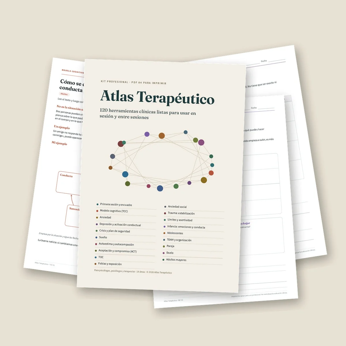 Portada del Atlas Terapéutico y fichas de trabajo impresas